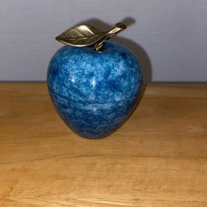 Marble apple paperweight blue marble and brass stem and leaf. 1960’s
